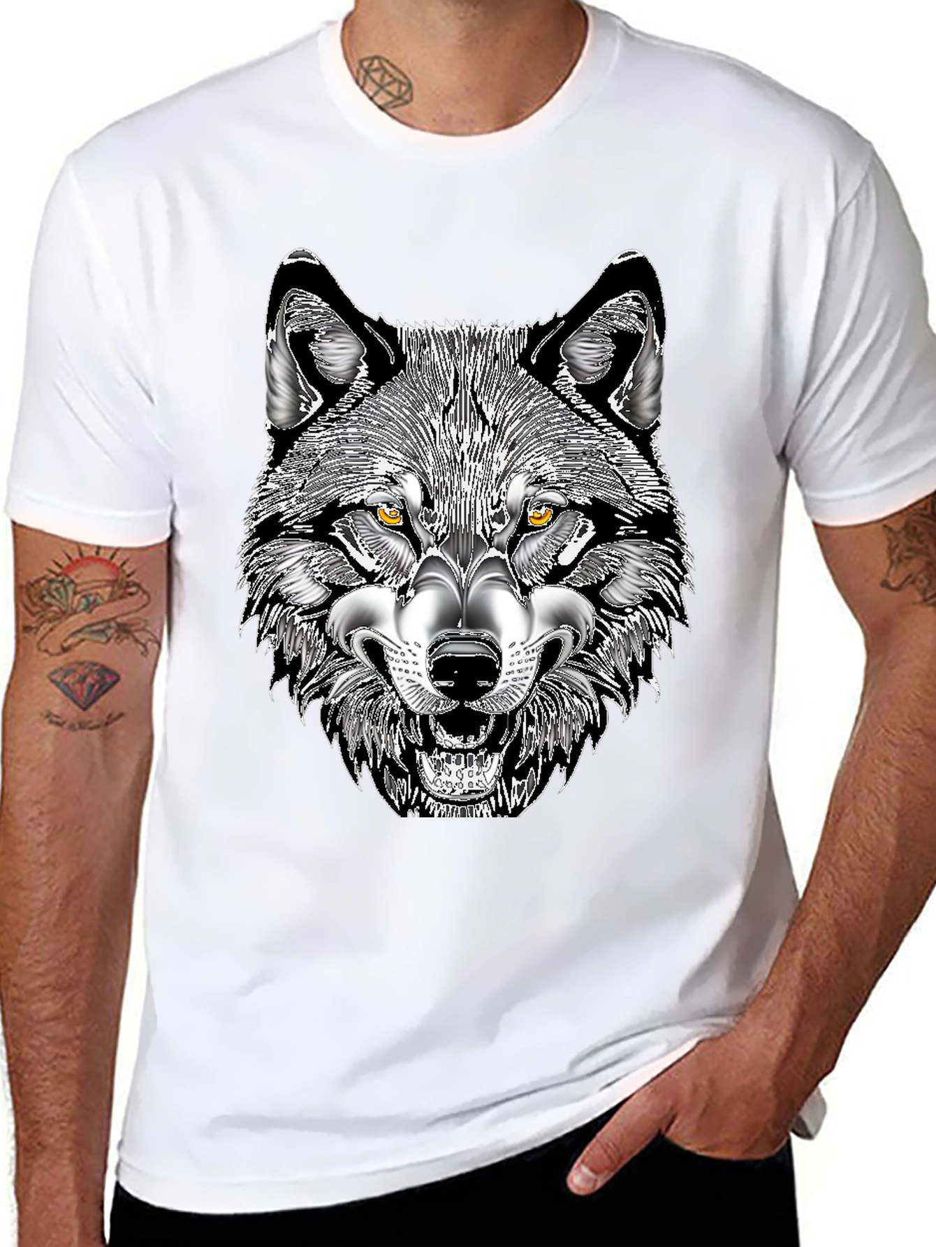 Mens Black T-Shirt with Wolf Graphic Print