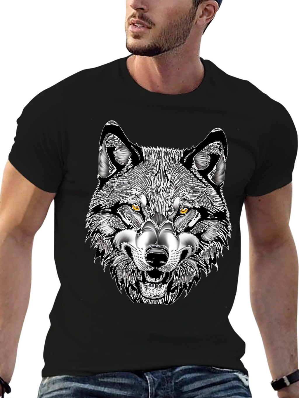 Mens Black T-Shirt with Wolf Graphic Print