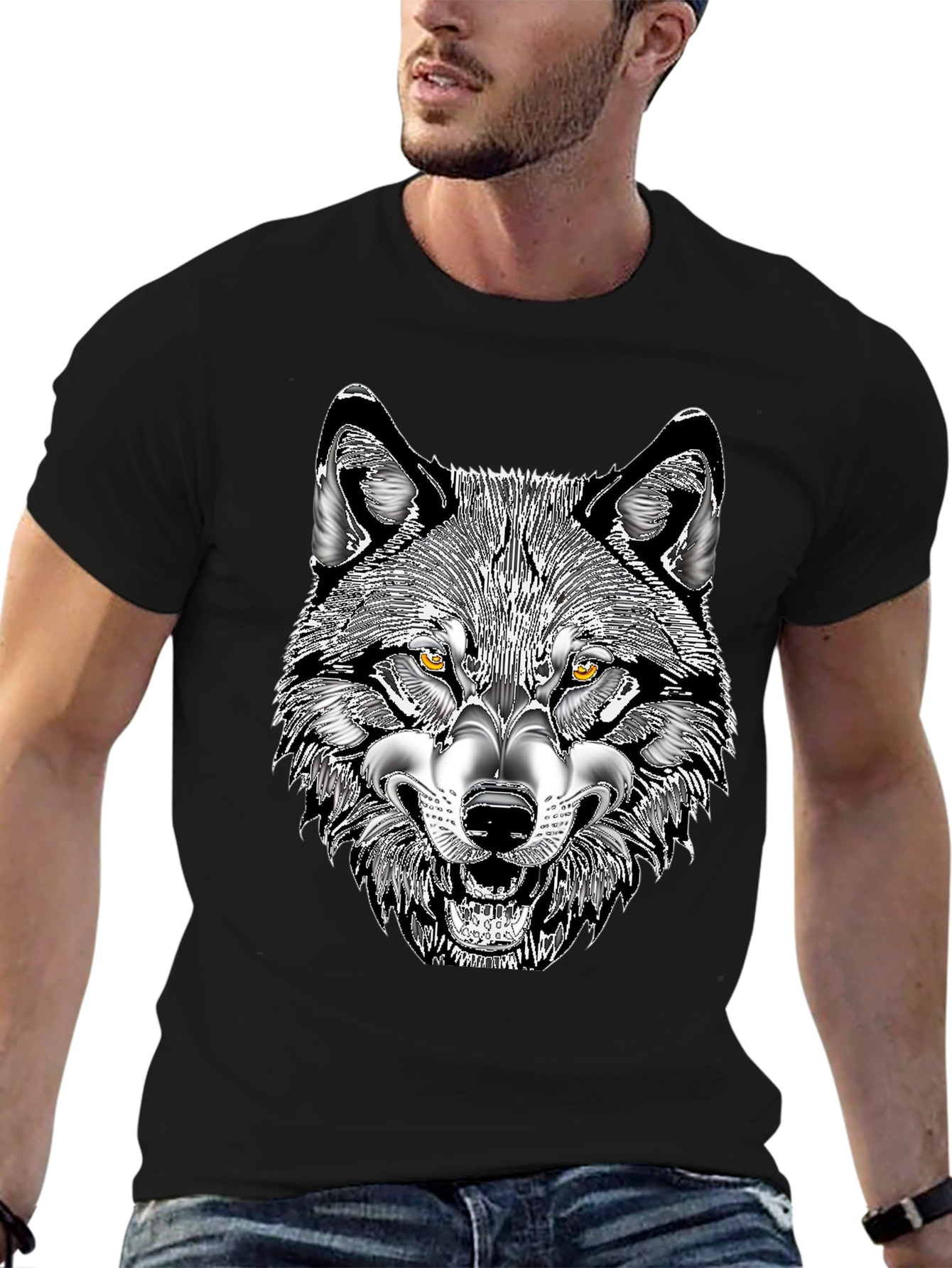 Mens Black T-Shirt with Wolf Graphic Print
