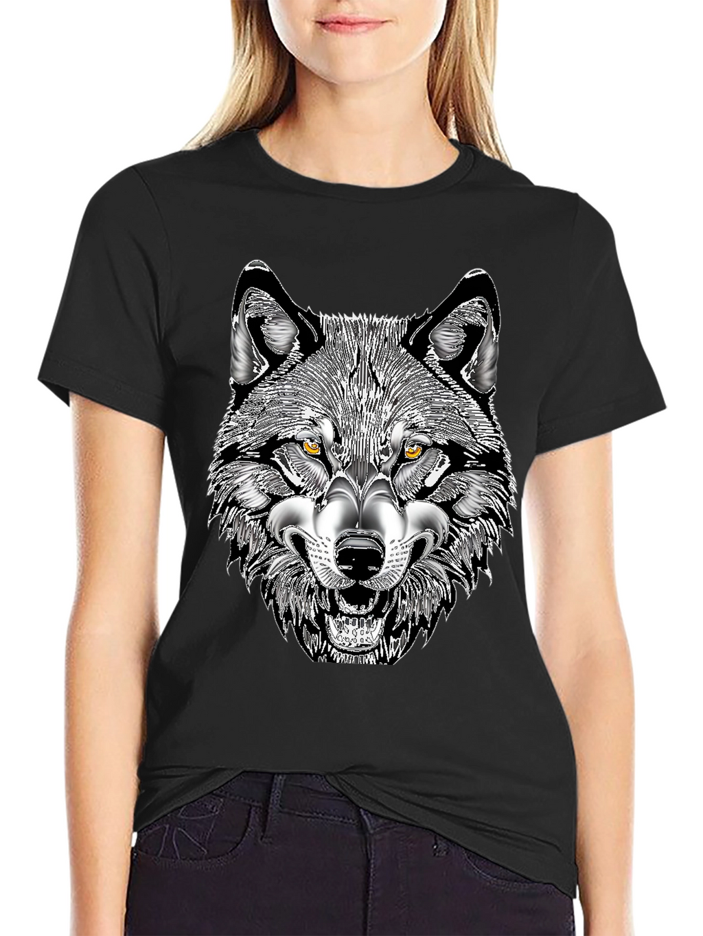 Mens Black T-Shirt with Wolf Graphic Print