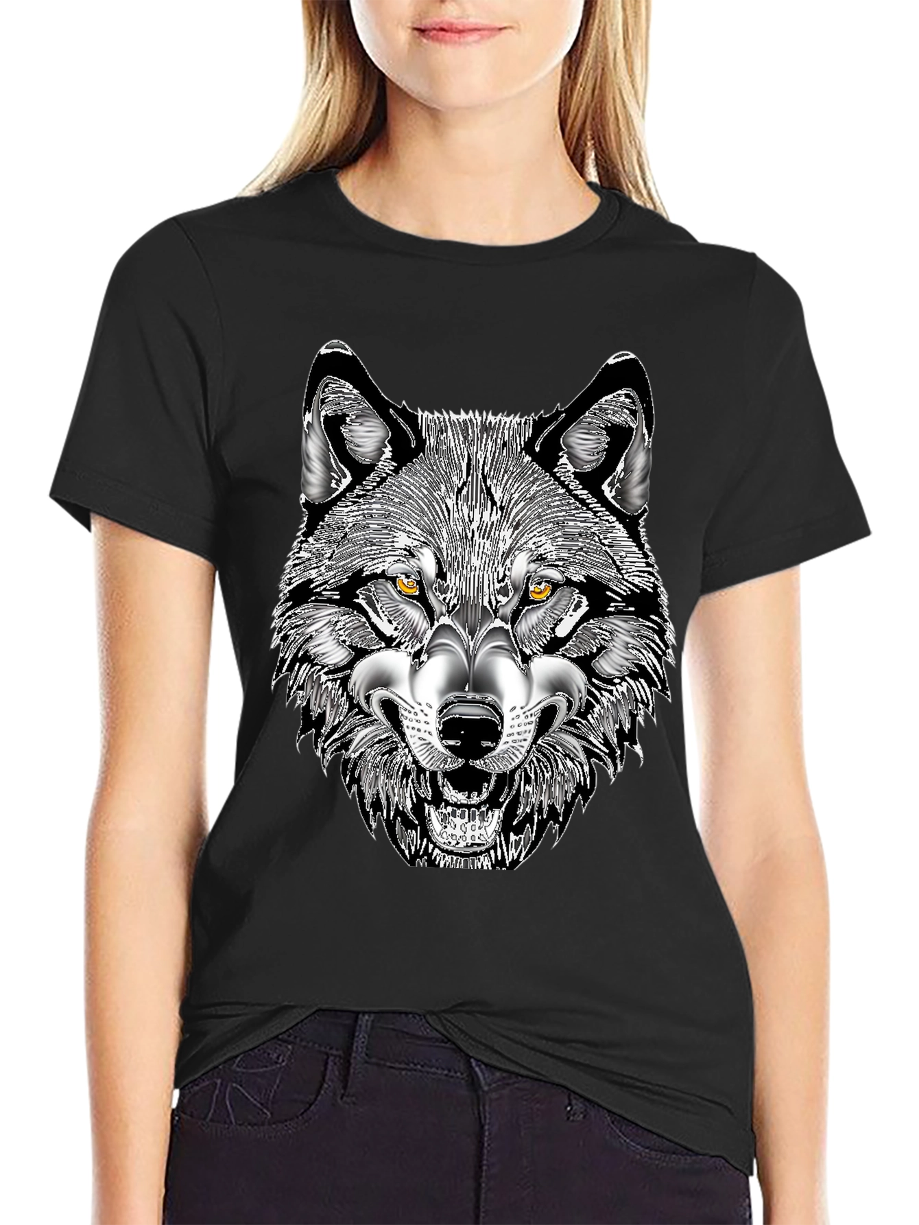 Mens Black T-Shirt with Wolf Graphic Print