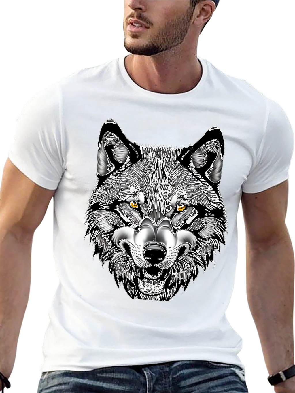 Mens Black T-Shirt with Wolf Graphic Print