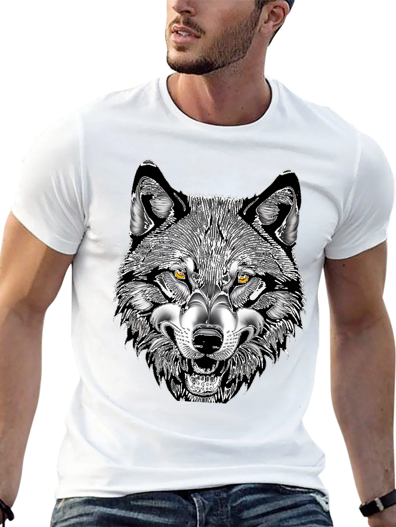 Mens Black T-Shirt with Wolf Graphic Print