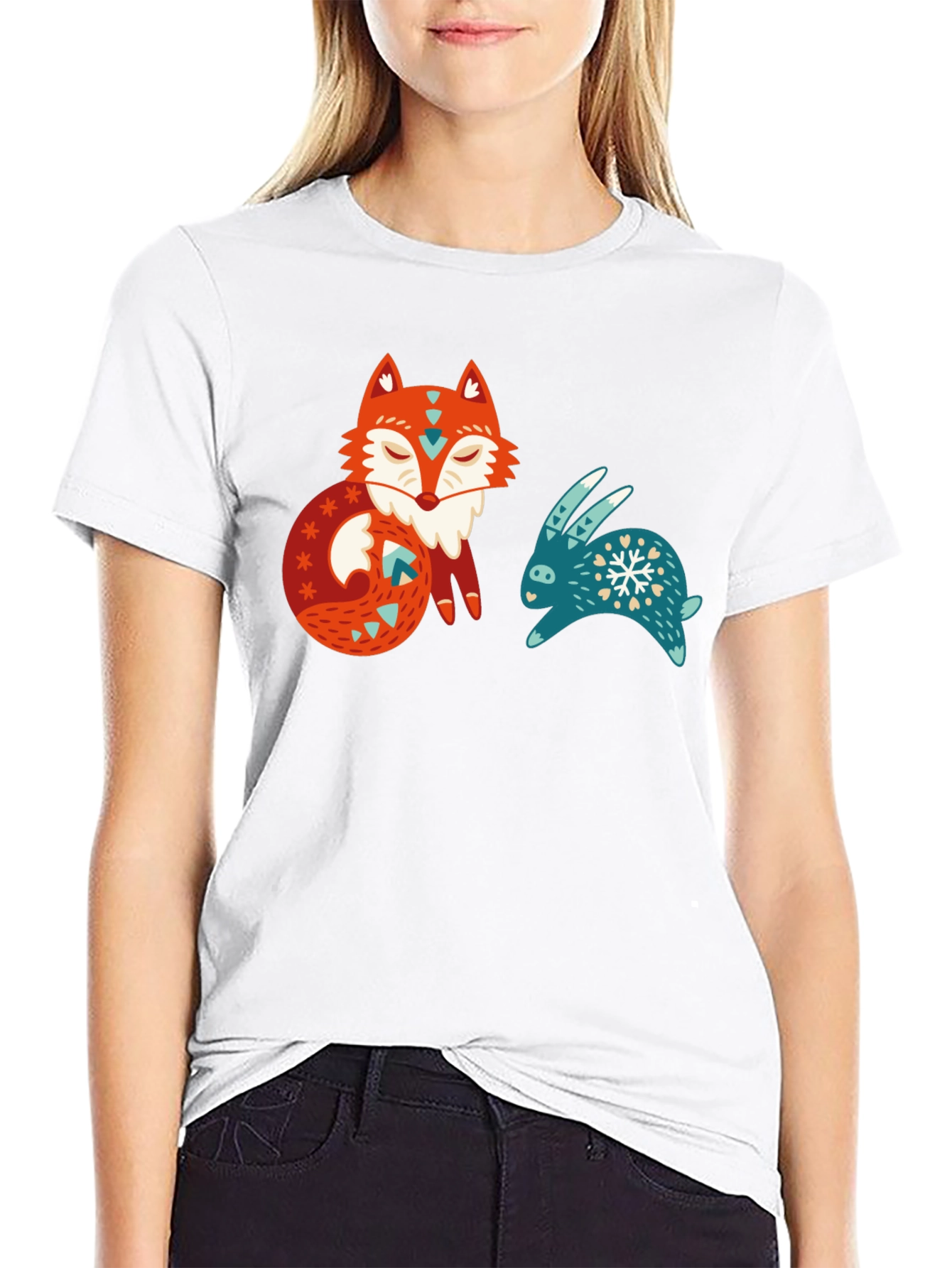 Whimsical Fox & Rabbit Graphic T-Shirt
