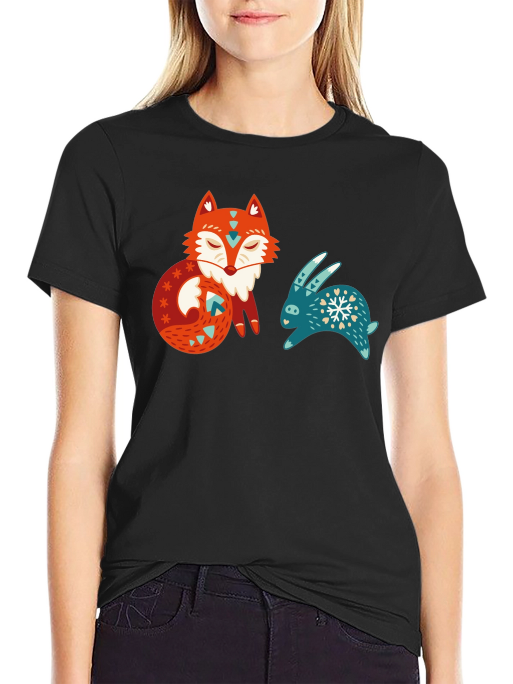 Whimsical Fox & Rabbit Graphic T-Shirt
