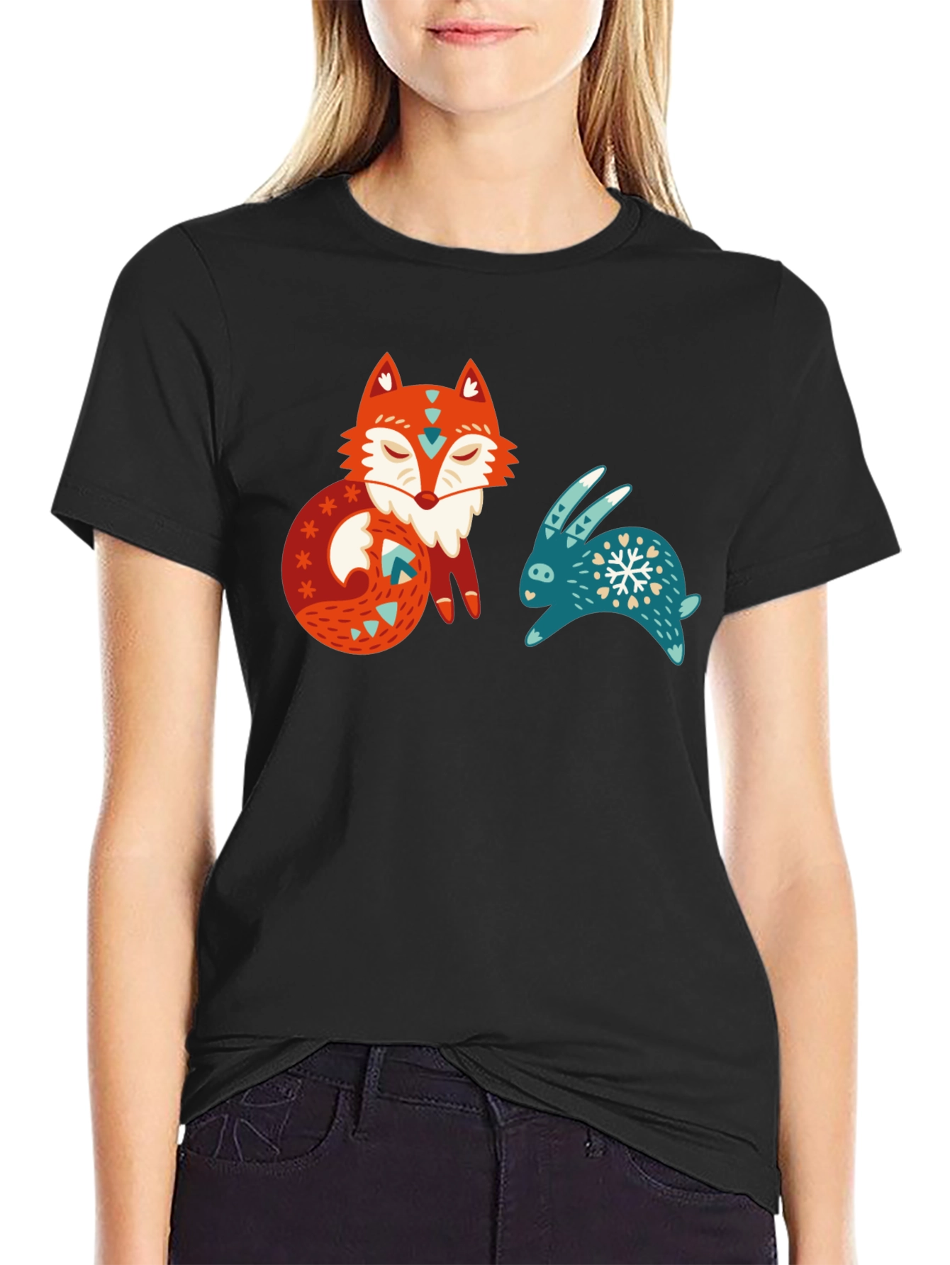 Whimsical Fox & Rabbit Graphic T-Shirt