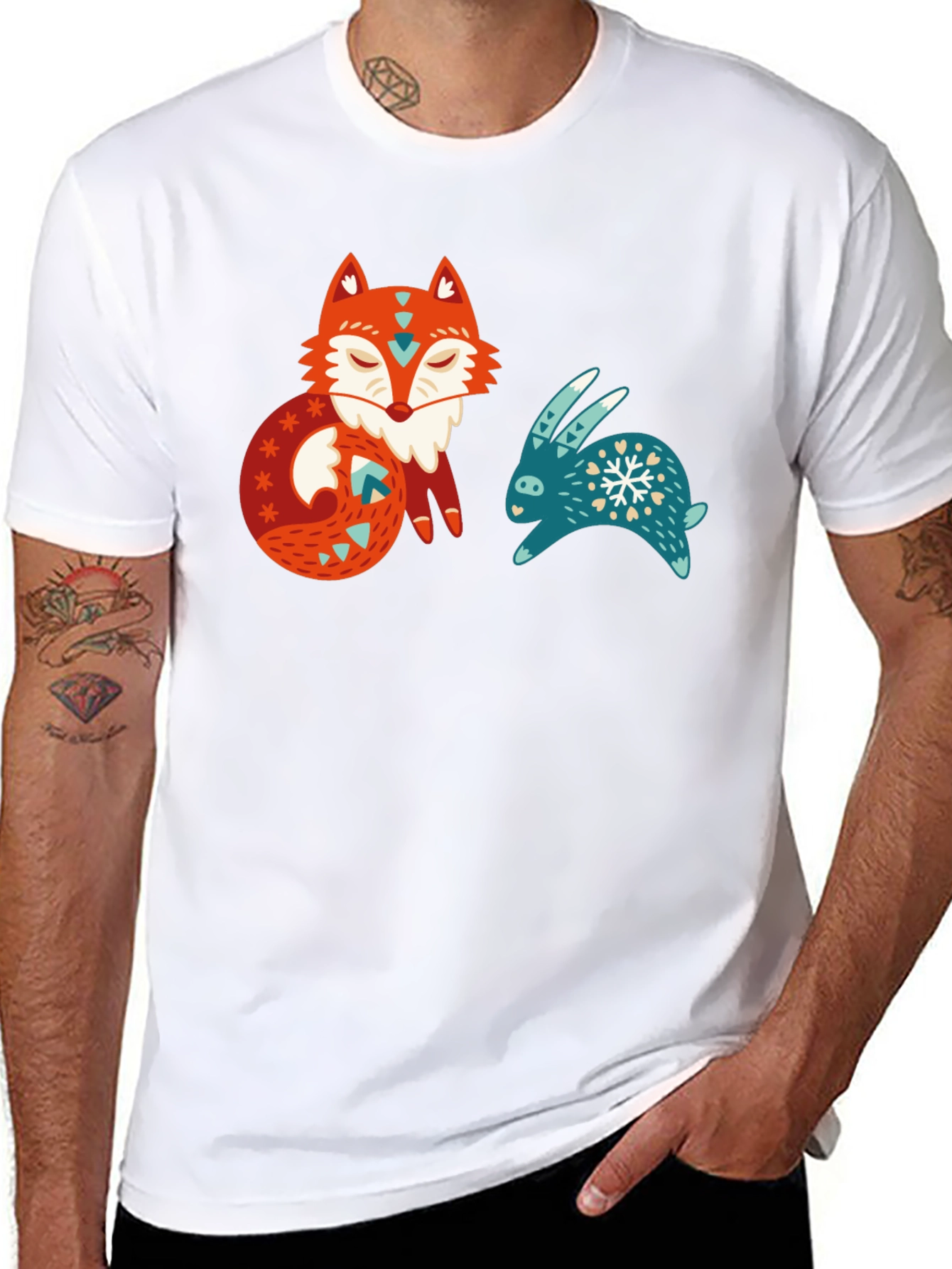 Whimsical Fox & Rabbit Graphic T-Shirt
