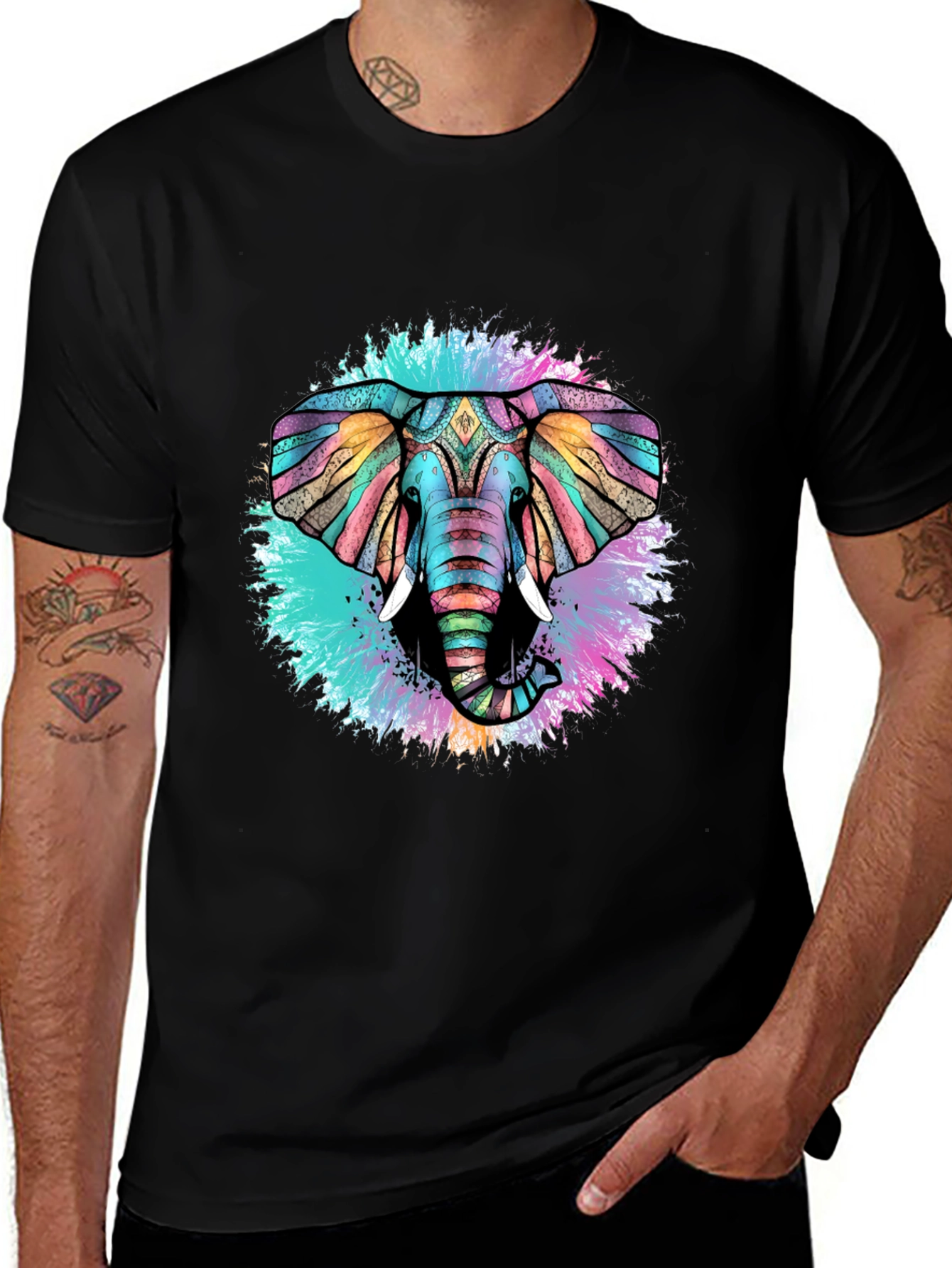 Colorful Elephant Graphic Black T-Shirt