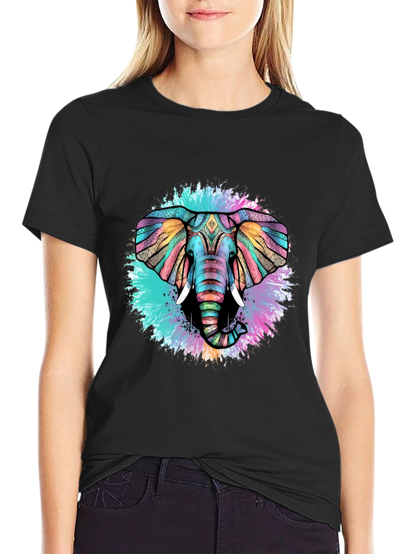 Colorful Elephant Graphic Black T-Shirt