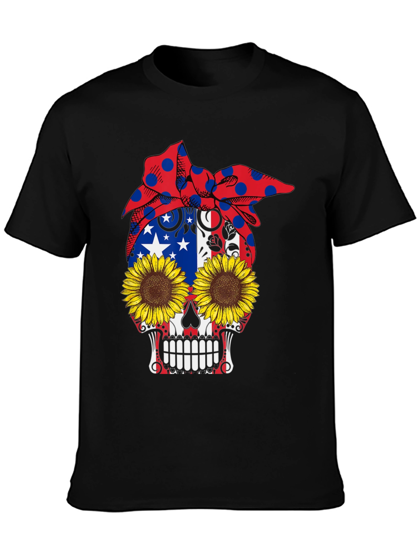 Skull Sunflower Patriotic Bandana Graphic Tee