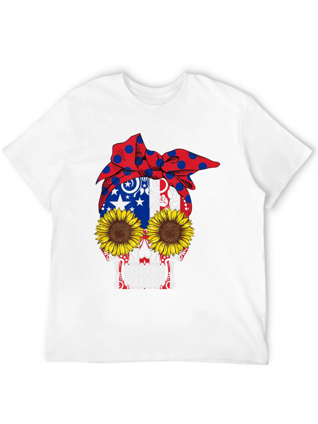 Skull Sunflower Patriotic Bandana Graphic Tee