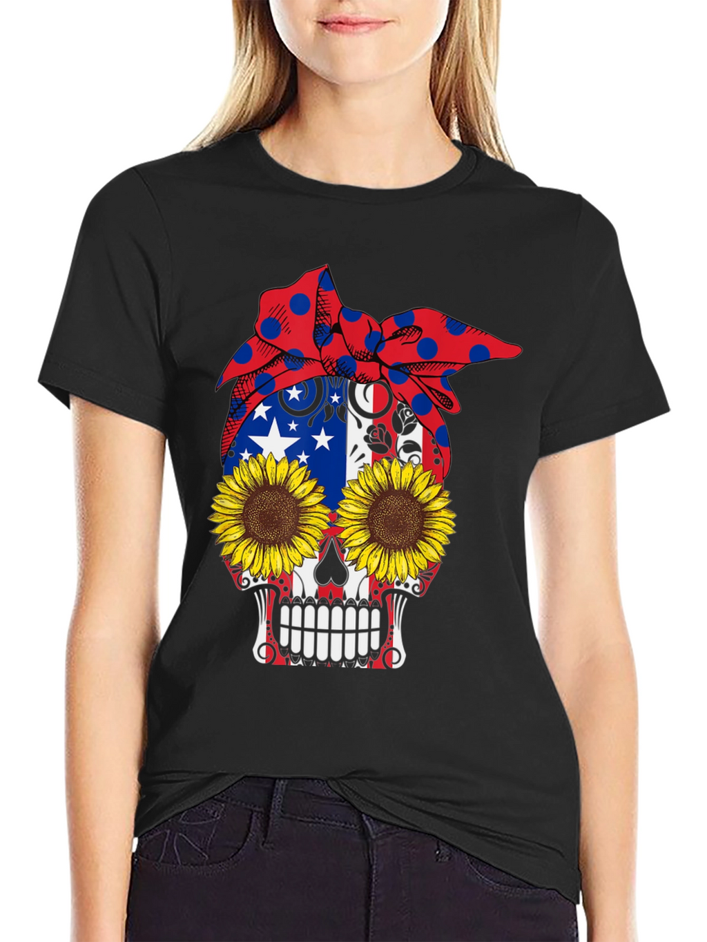 Skull Sunflower Patriotic Bandana Graphic Tee