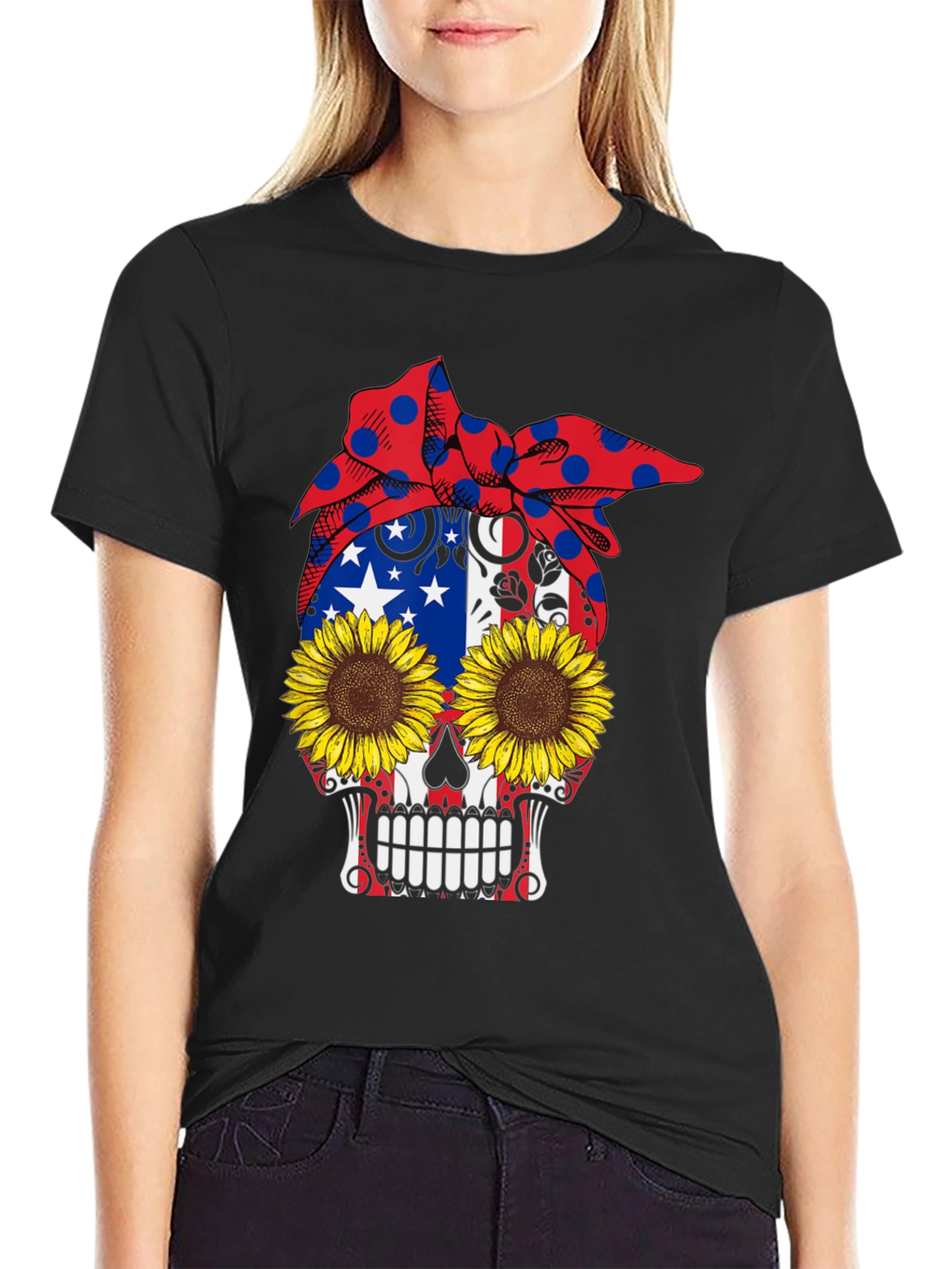 Skull Sunflower Patriotic Bandana Graphic Tee