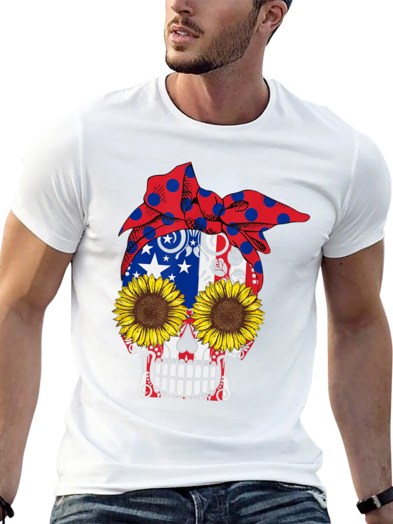 Skull Sunflower Patriotic Bandana Graphic Tee