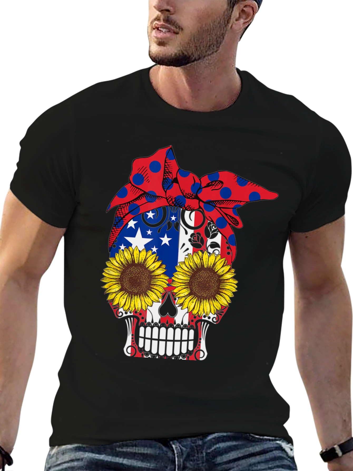 Skull Sunflower Patriotic Bandana Graphic Tee