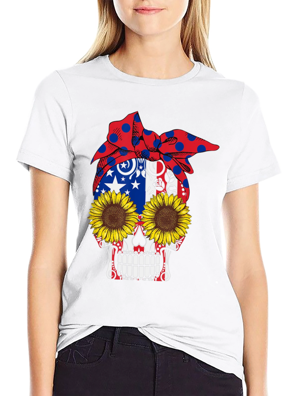 Skull Sunflower Patriotic Bandana Graphic Tee