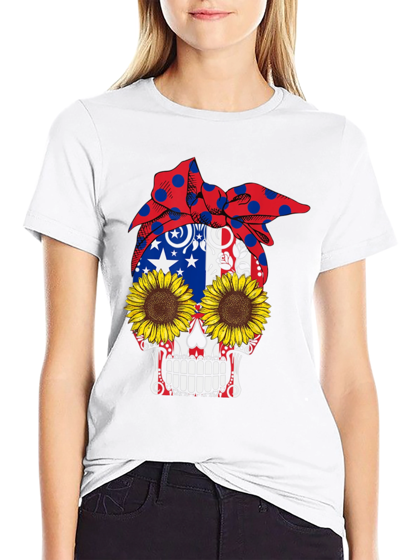 Skull Sunflower Patriotic Bandana Graphic Tee