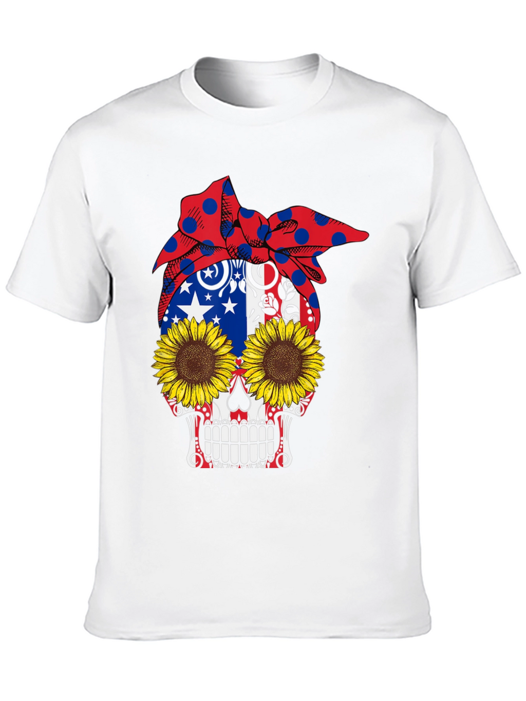 Skull Sunflower Patriotic Bandana Graphic Tee