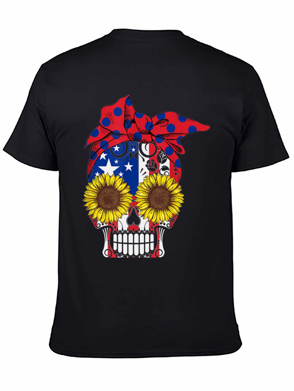 Skull Sunflower Patriotic Bandana Graphic Tee