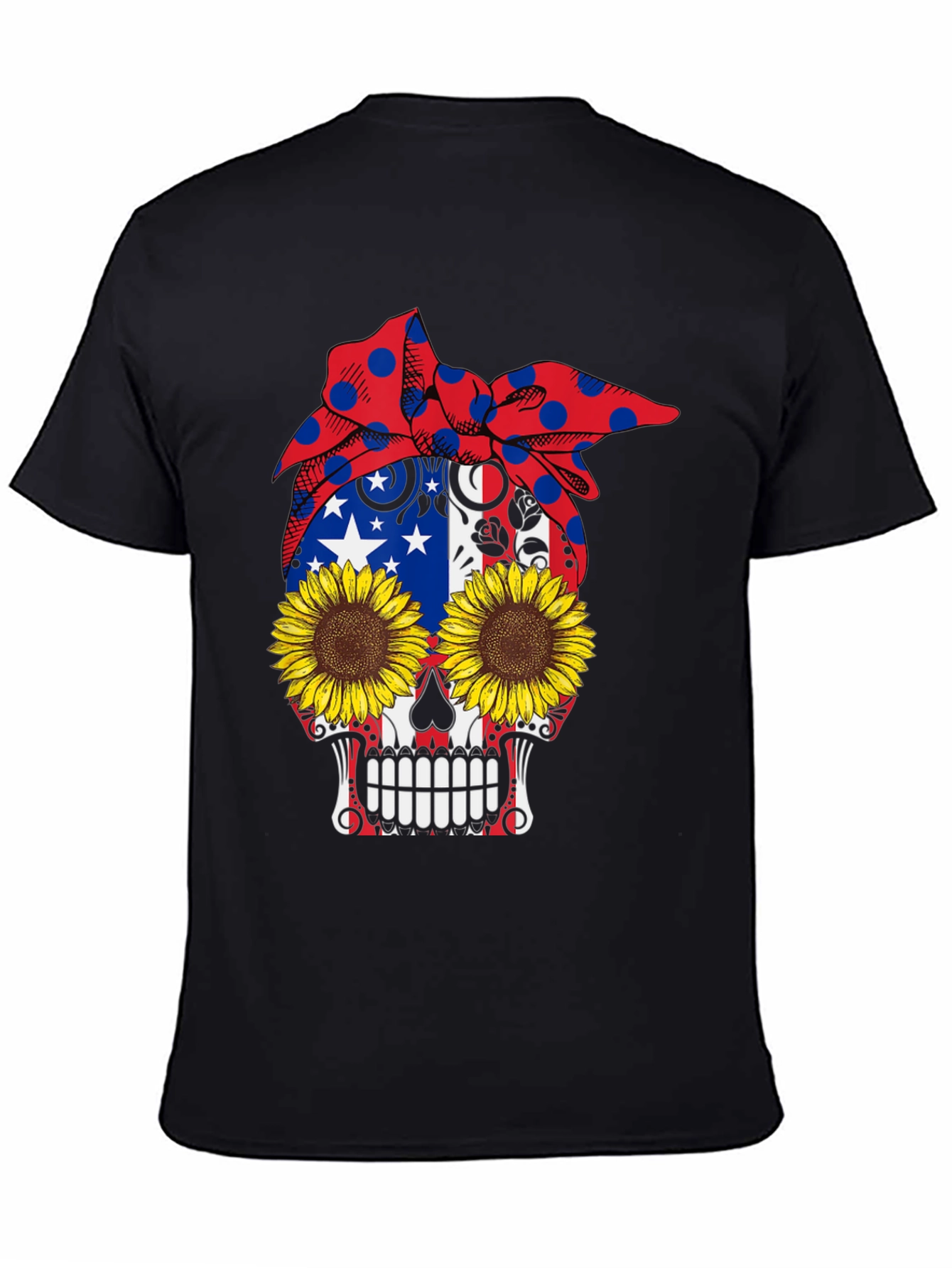 Skull Sunflower Patriotic Bandana Graphic Tee