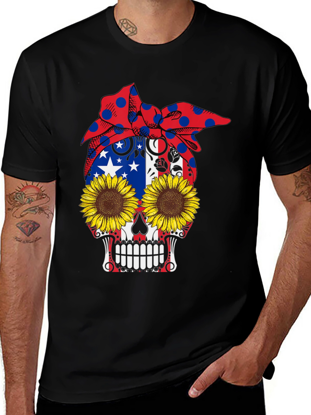 Skull Sunflower Patriotic Bandana Graphic Tee