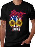 Skull Sunflower Patriotic Bandana Graphic Tee