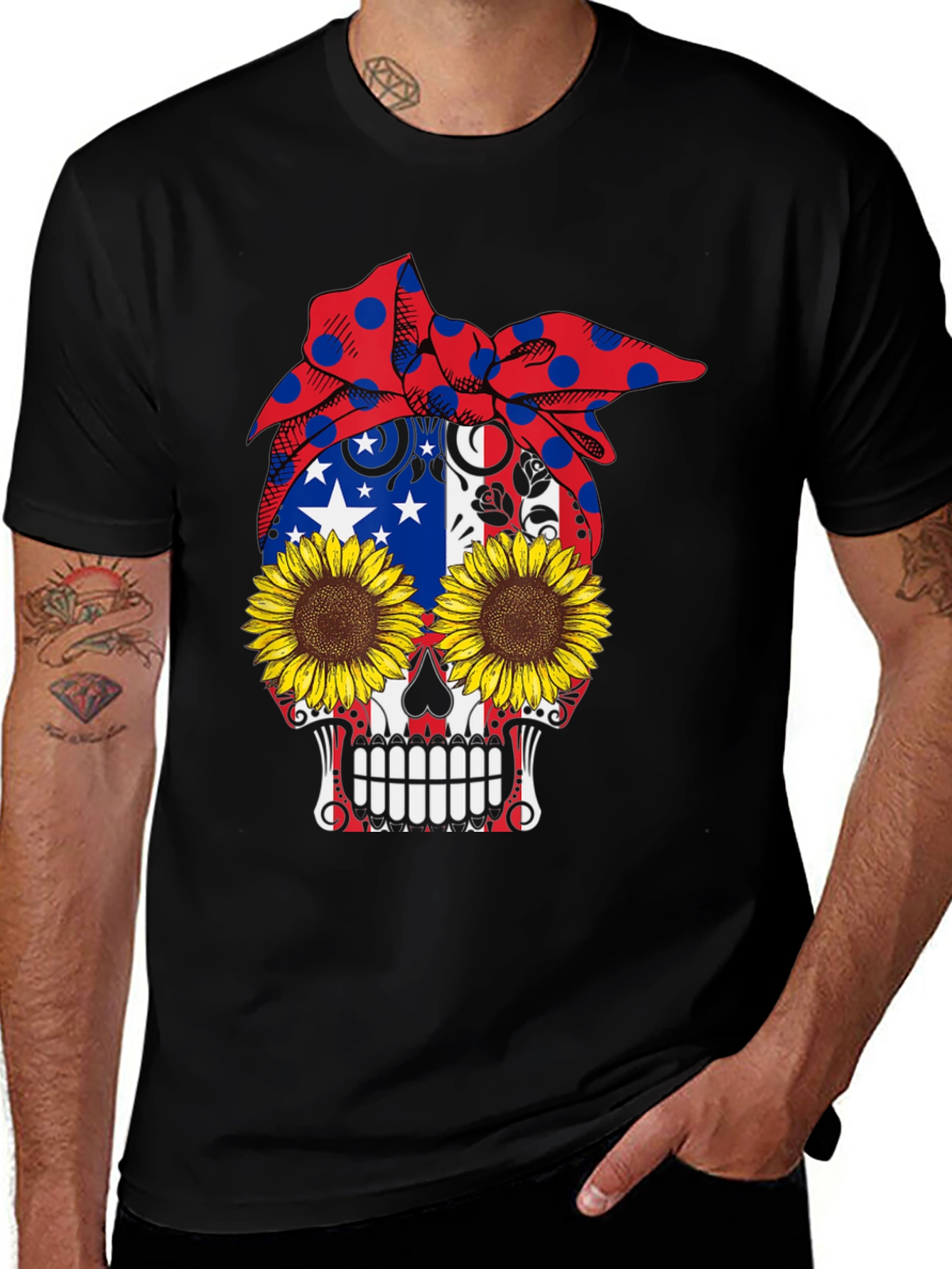 Skull Sunflower Patriotic Bandana Graphic Tee