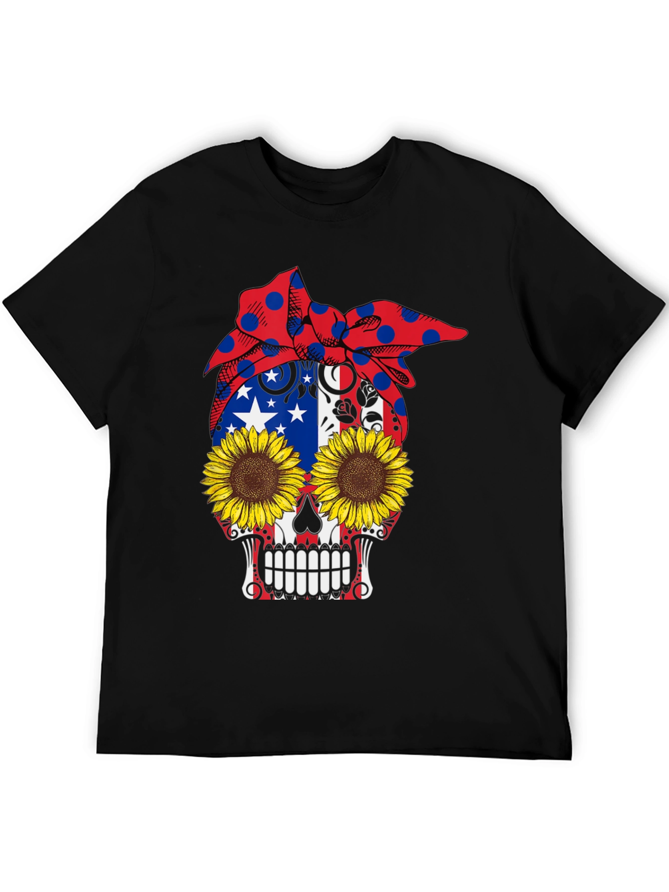 Skull Sunflower Patriotic Bandana Graphic Tee