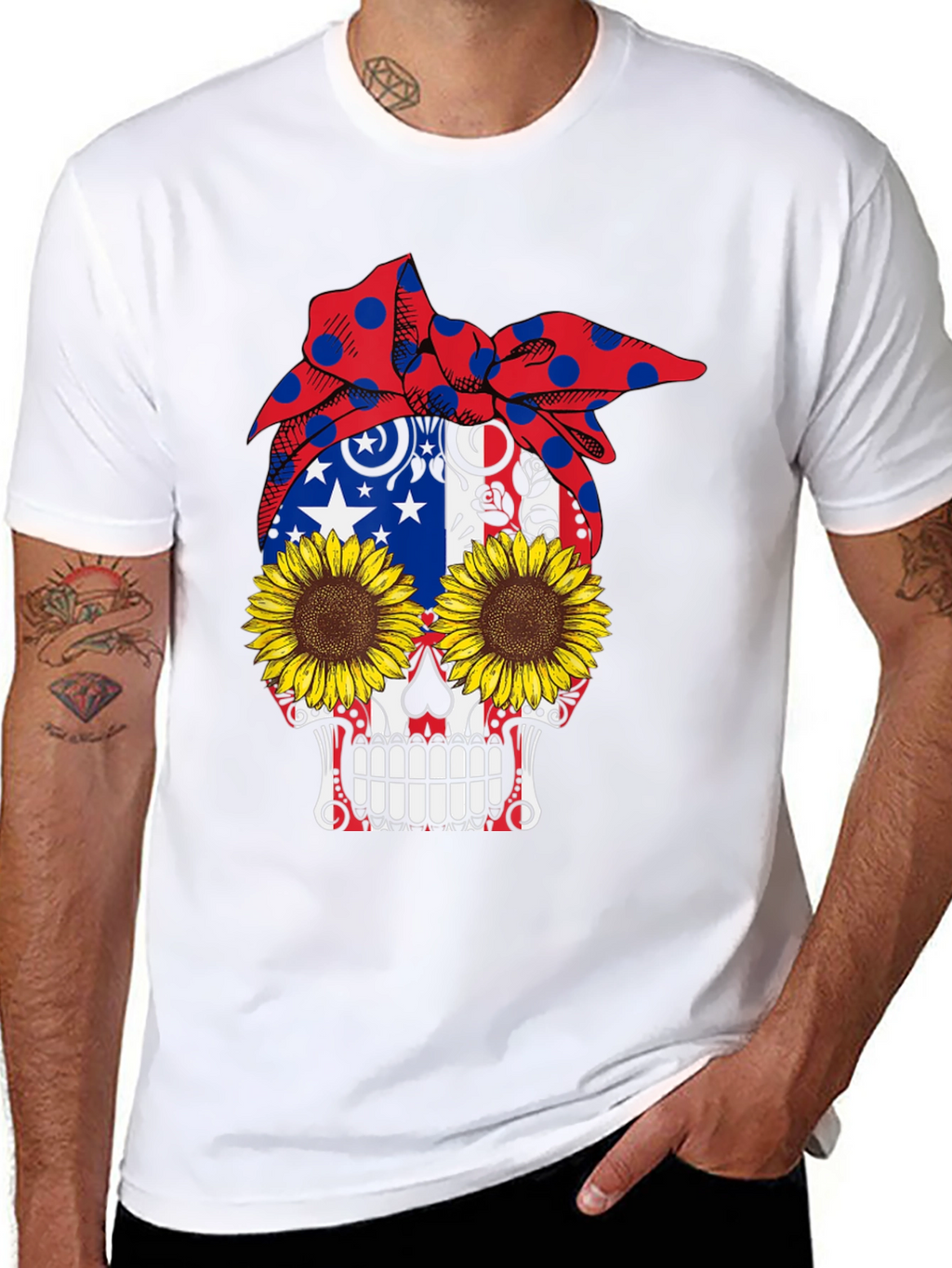 Skull Sunflower Patriotic Bandana Graphic Tee