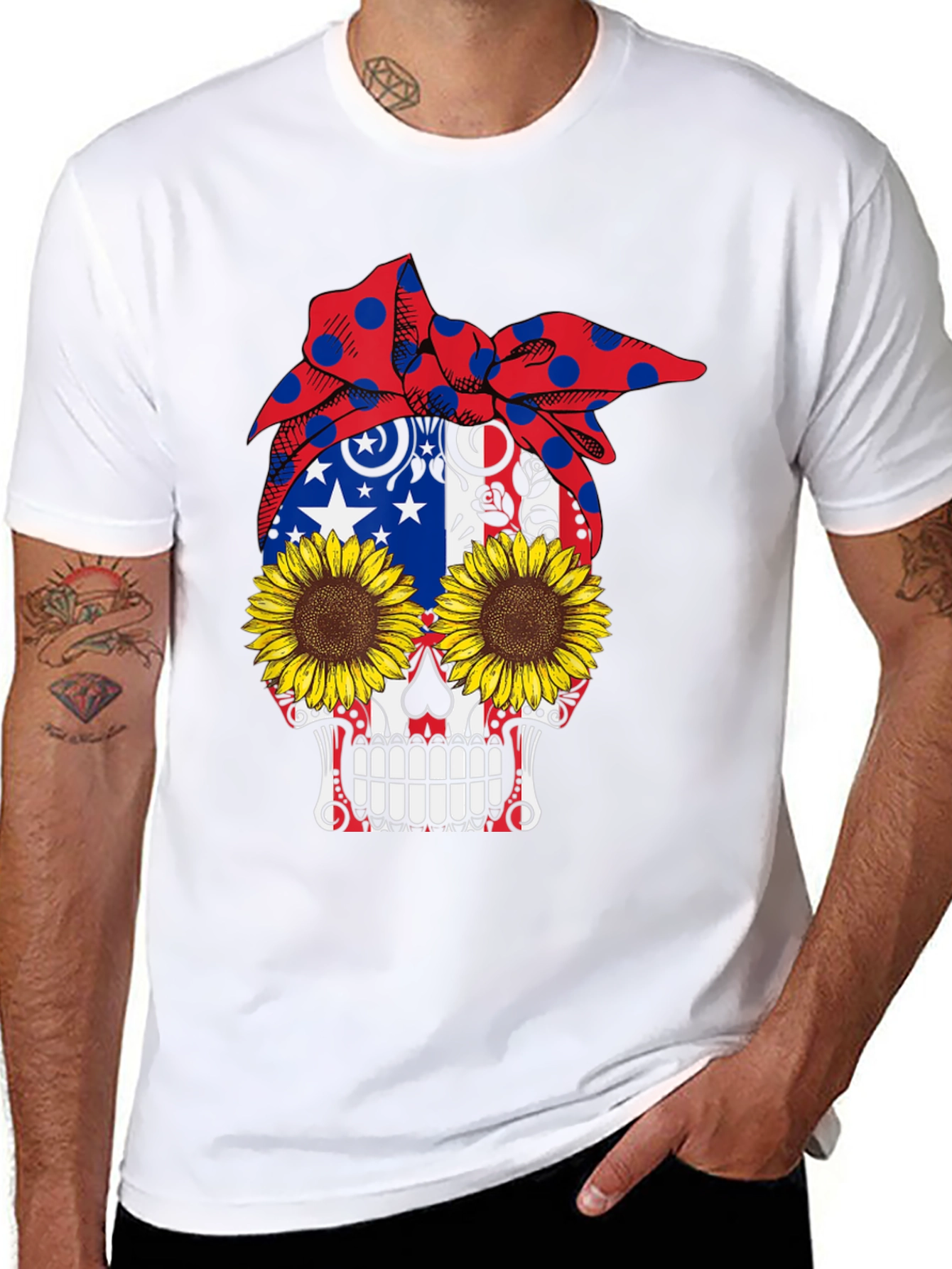 Skull Sunflower Patriotic Bandana Graphic Tee