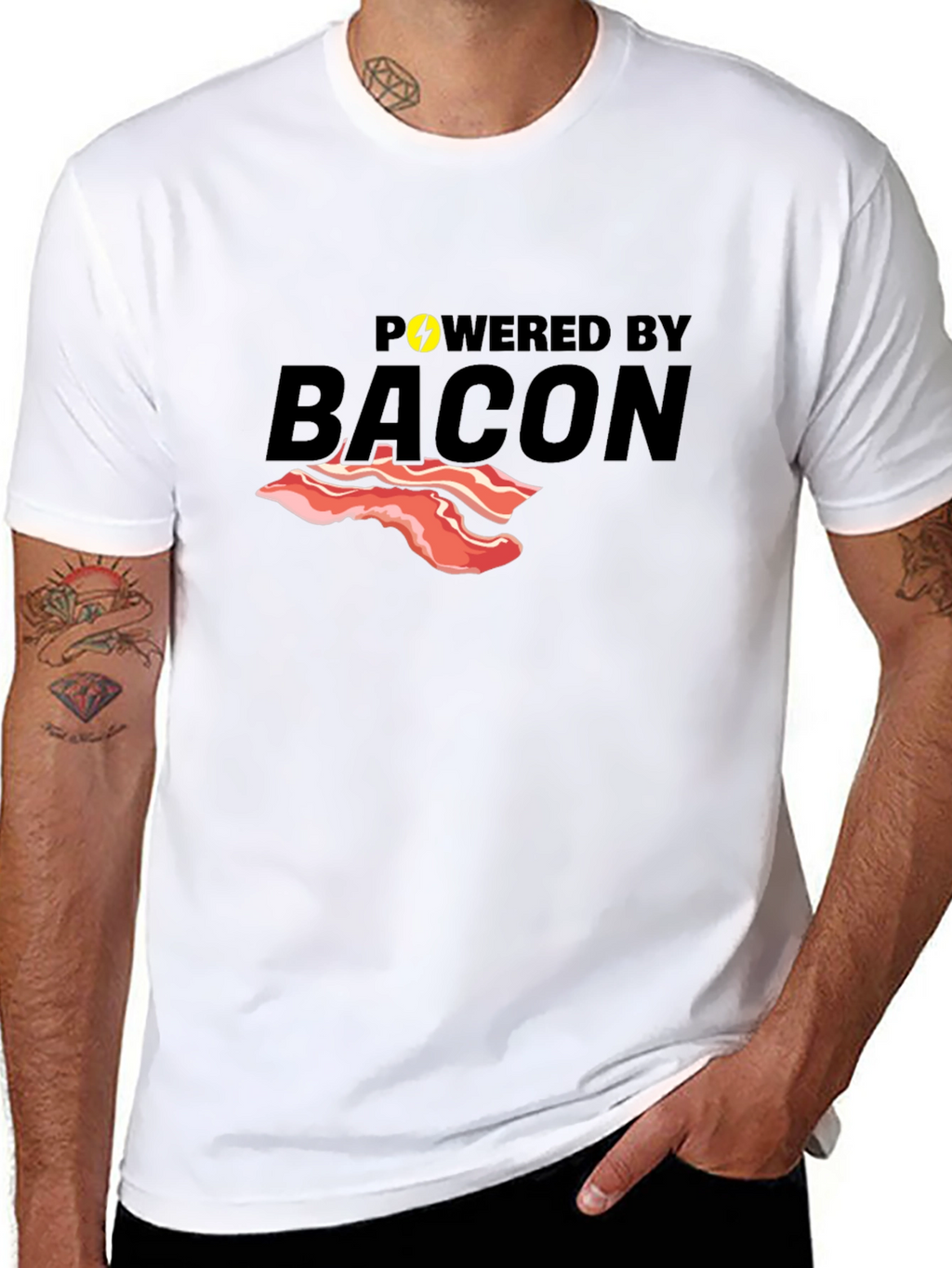 Powered By Bacon T-Shirt Funny Foodie Tee