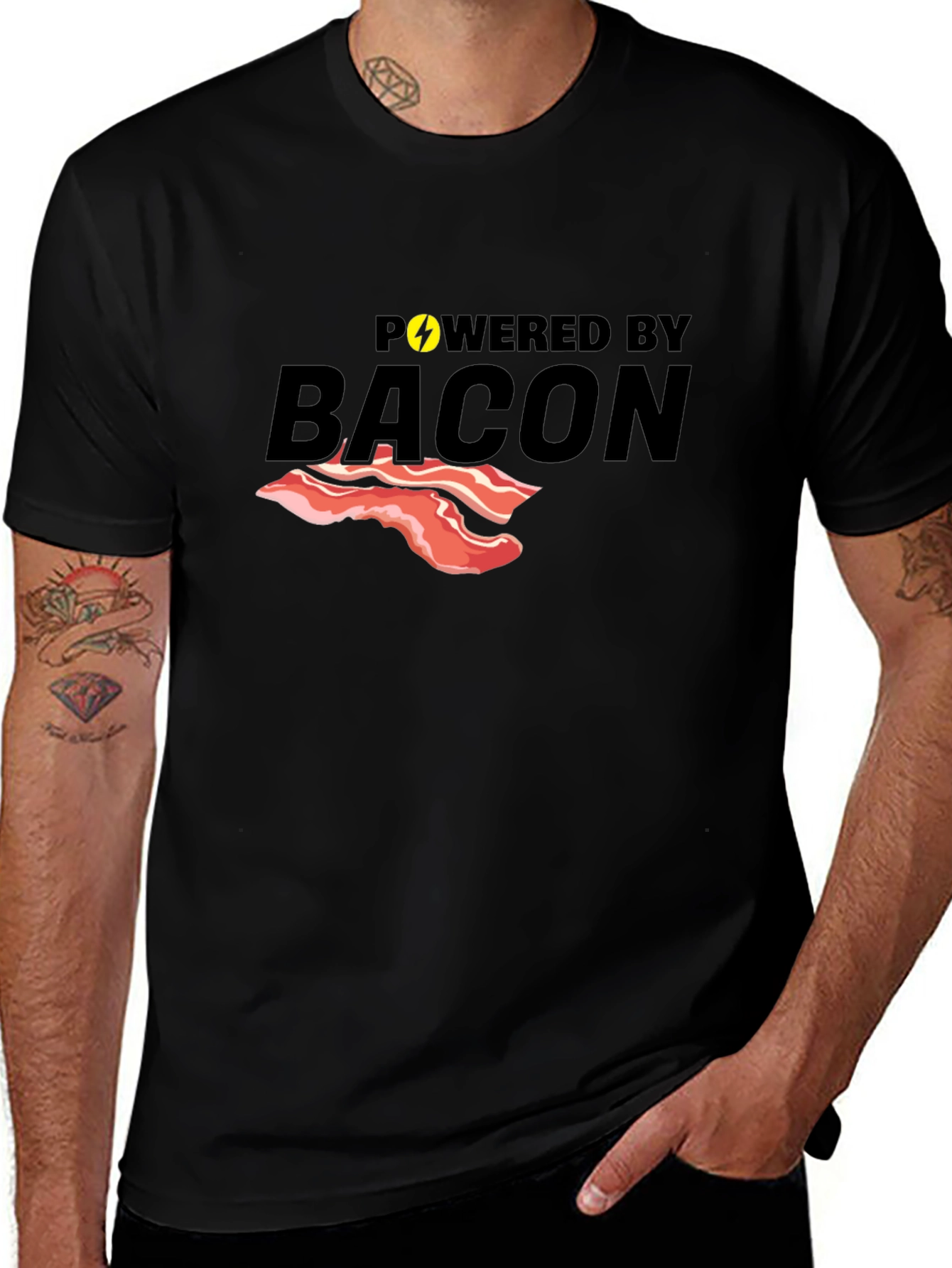 Powered By Bacon T-Shirt Funny Foodie Tee