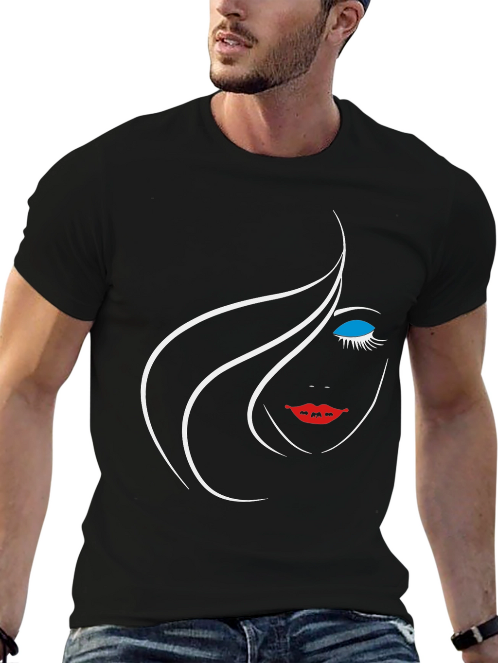 Black Graphic Tee - Minimalist Face Design
