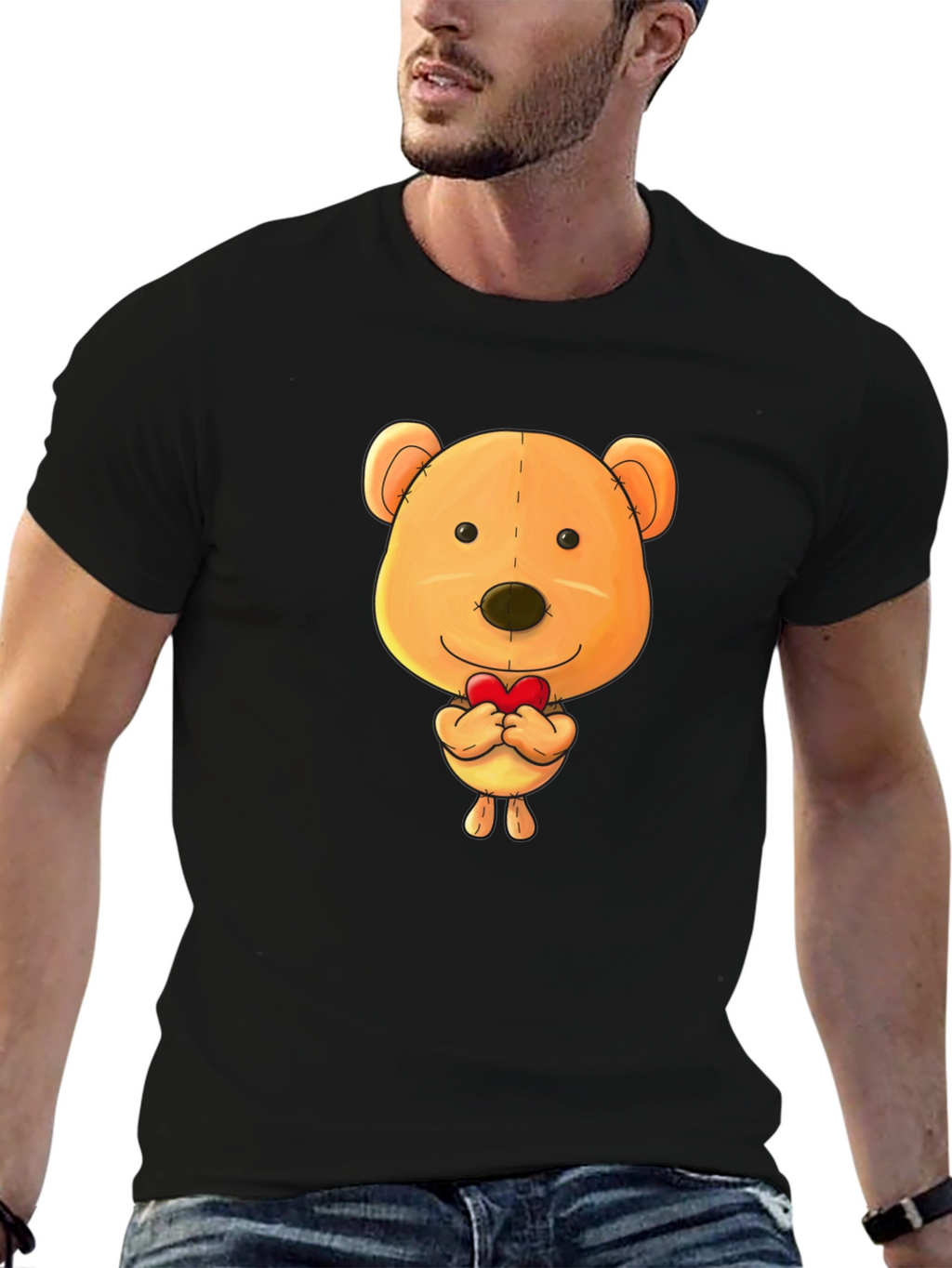 Cute Teddy Bear Heart Graphic Black T-Shirt