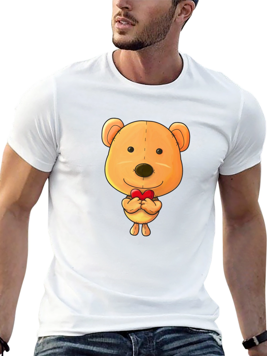 Cute Teddy Bear Heart Graphic Black T-Shirt