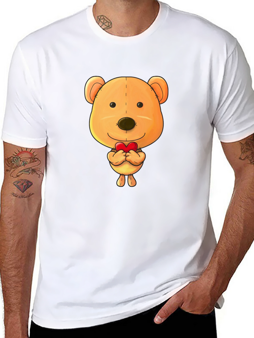 Cute Teddy Bear Heart Graphic Black T-Shirt