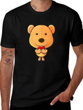 Cute Teddy Bear Heart Graphic Black T-Shirt