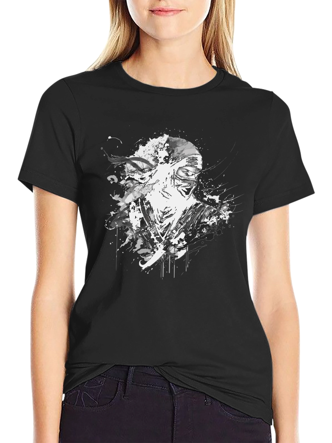 Ink Splatter Ninja Graphic Black T-Shirt