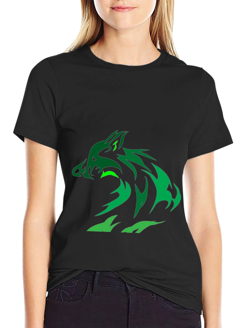 Green Wolf Graphic Black T-Shirt