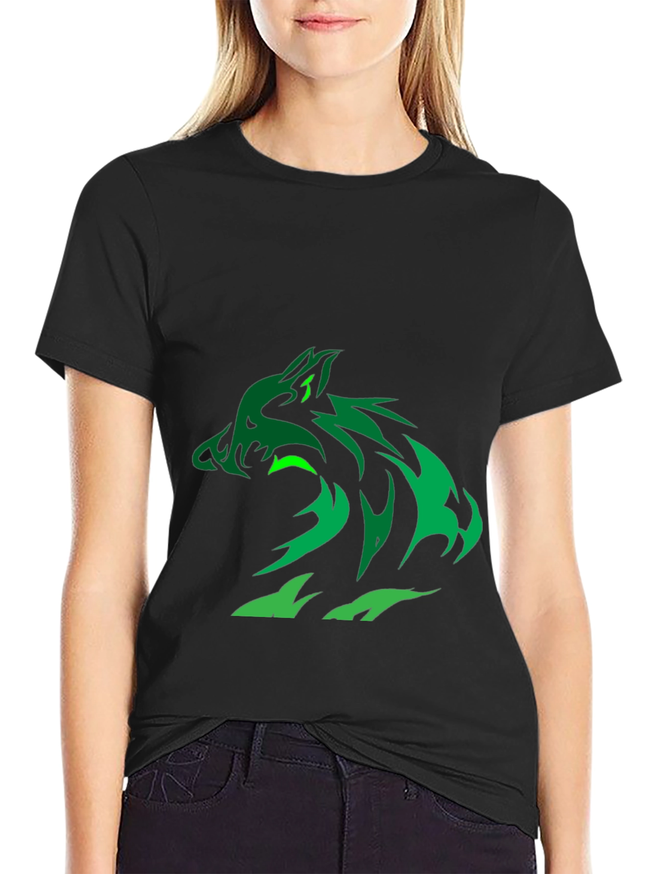 Green Wolf Graphic Black T-Shirt