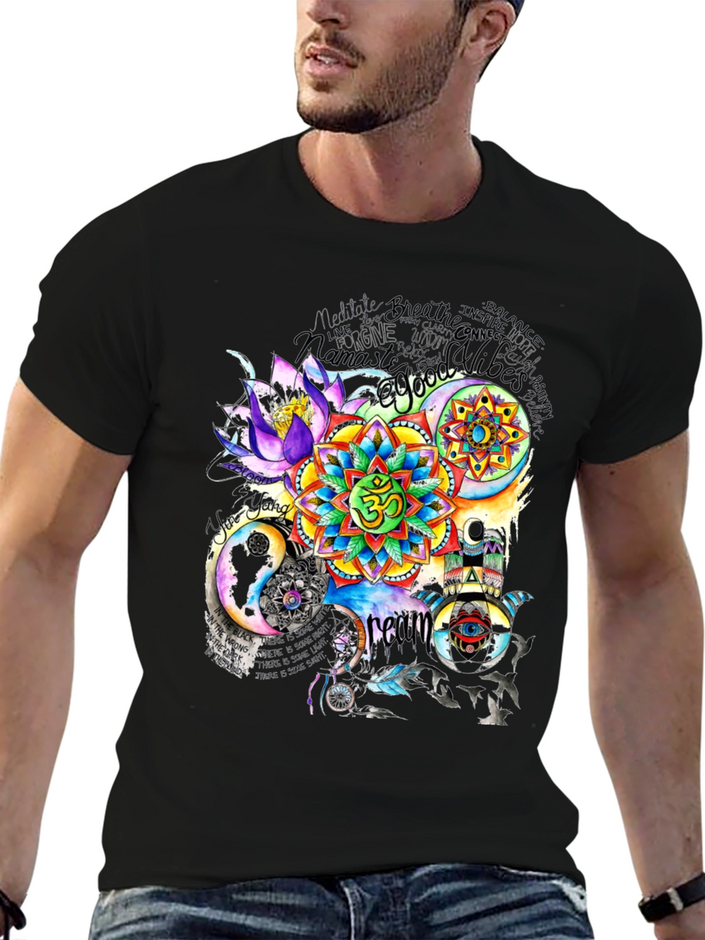 Om Mandala Graphic Print Black T-Shirt