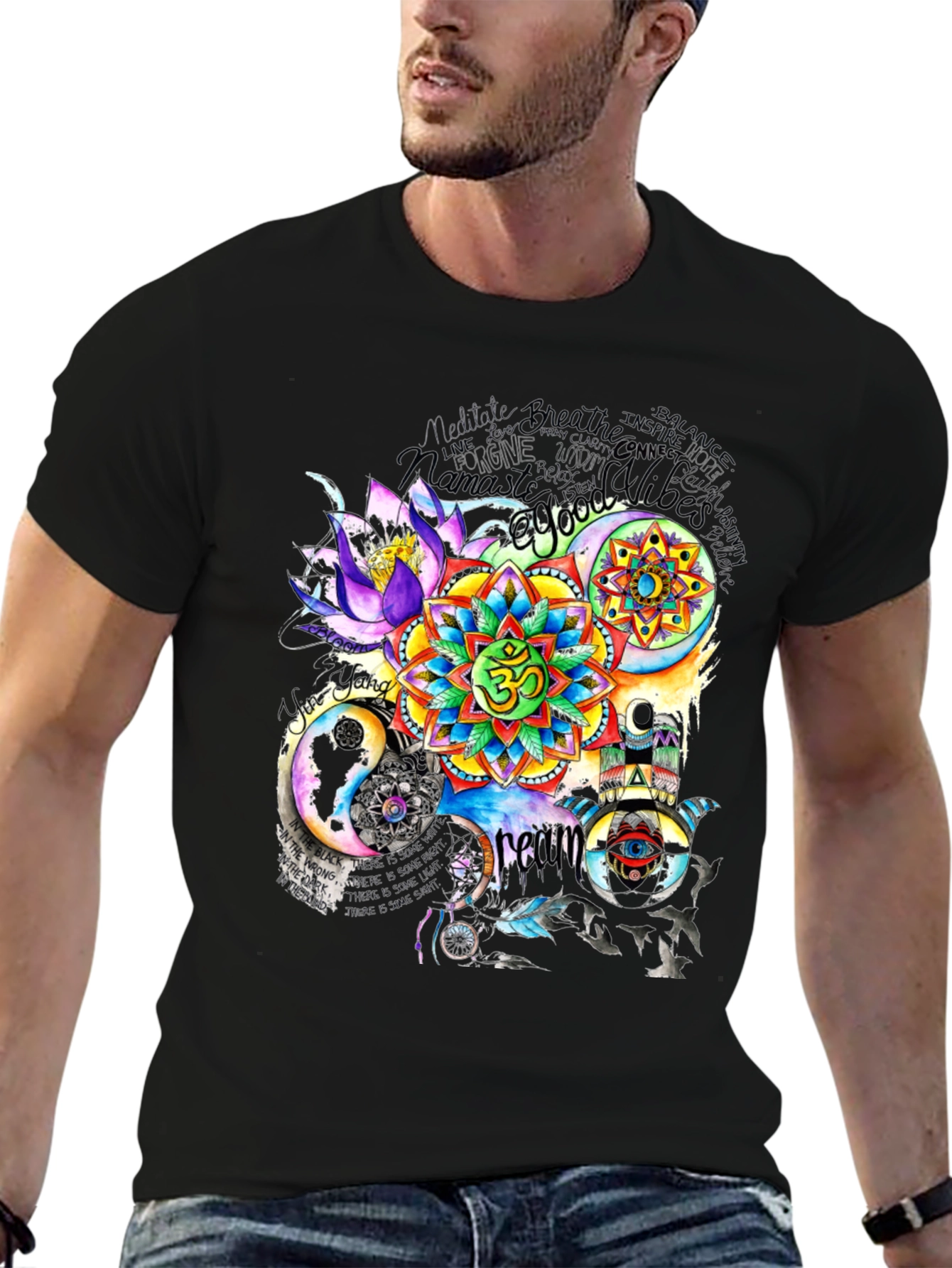 Om Mandala Graphic Print Black T-Shirt
