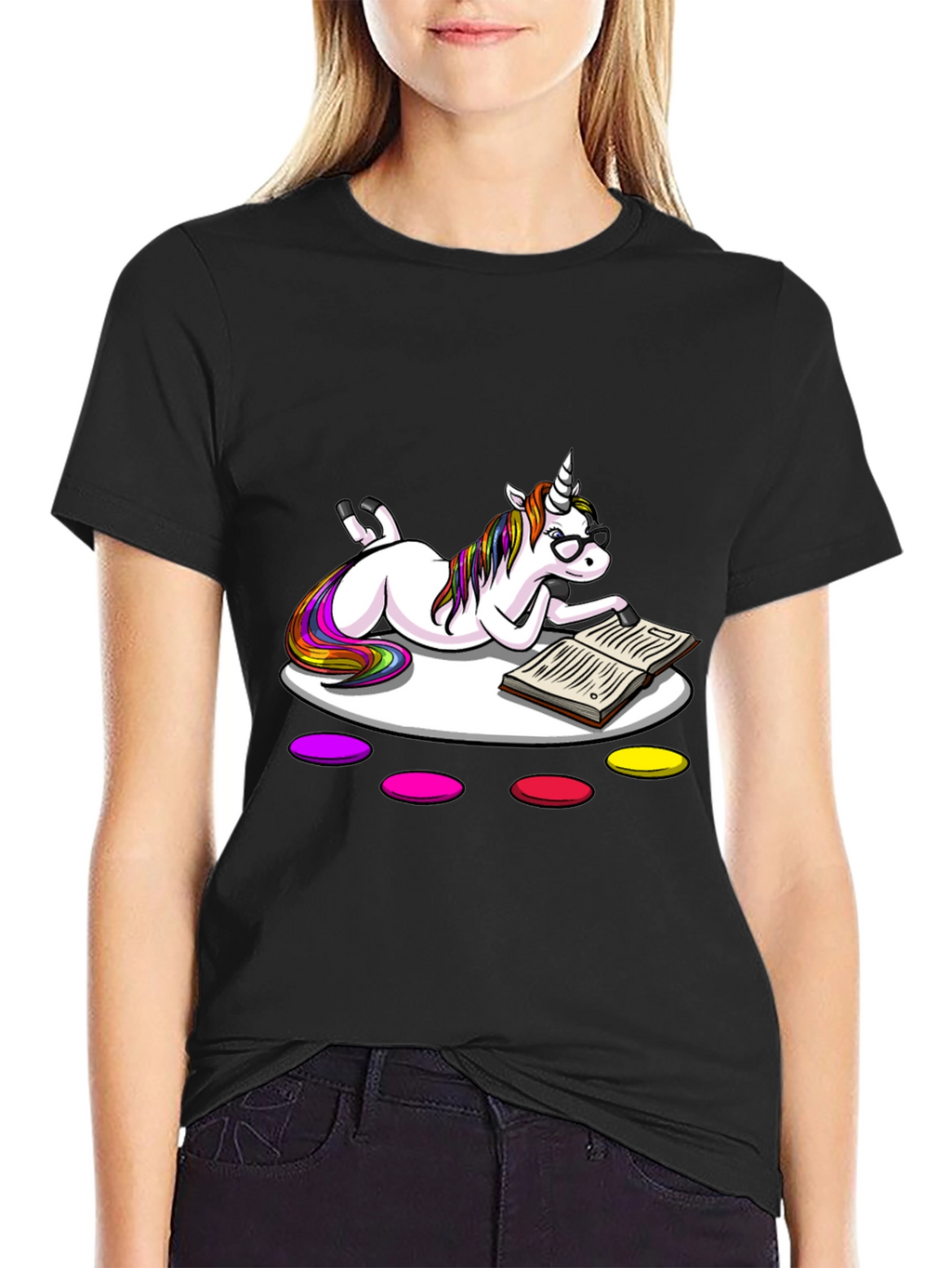 Unicorn Reading Book Black T-Shirt