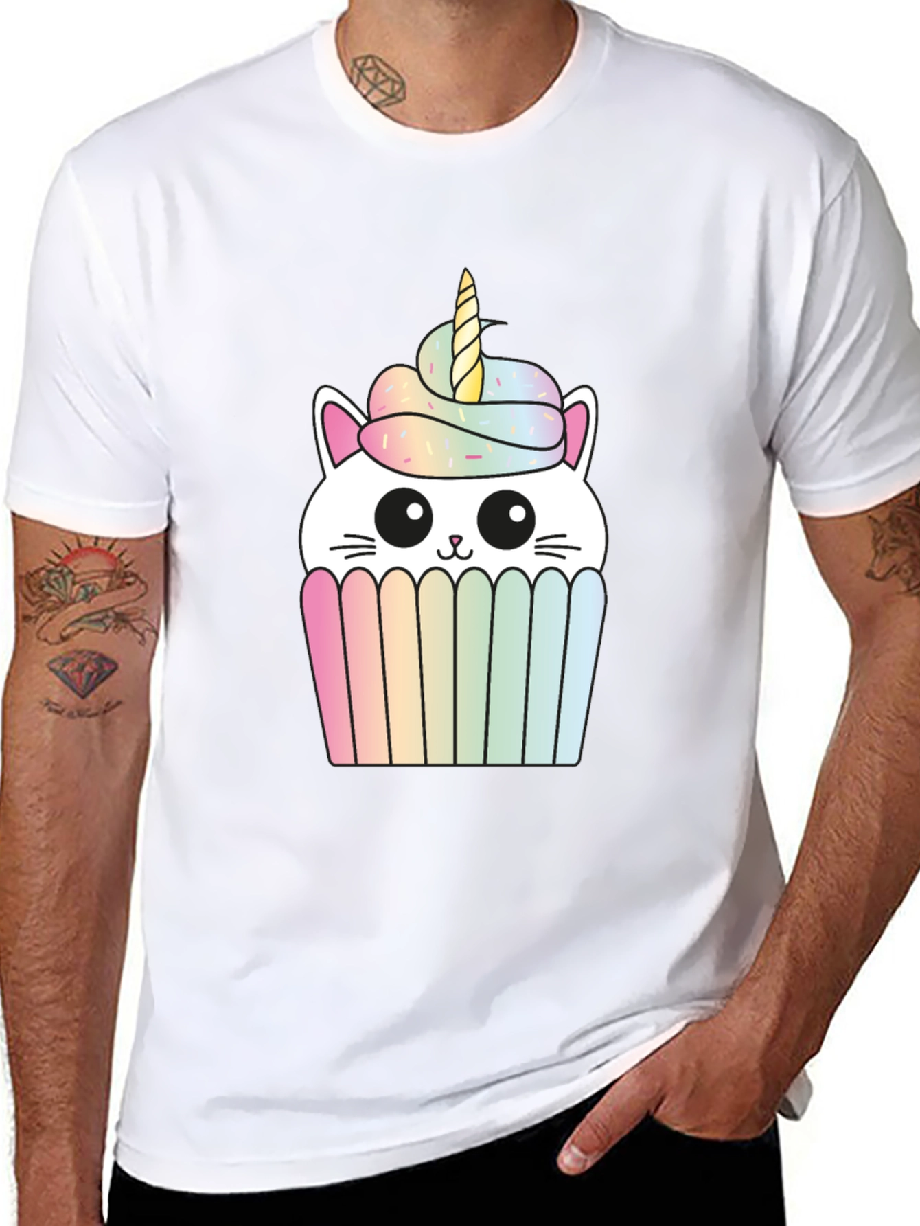 Unicorn Cat Cupcake Graphic Tee - Black Cotton T-Shirt