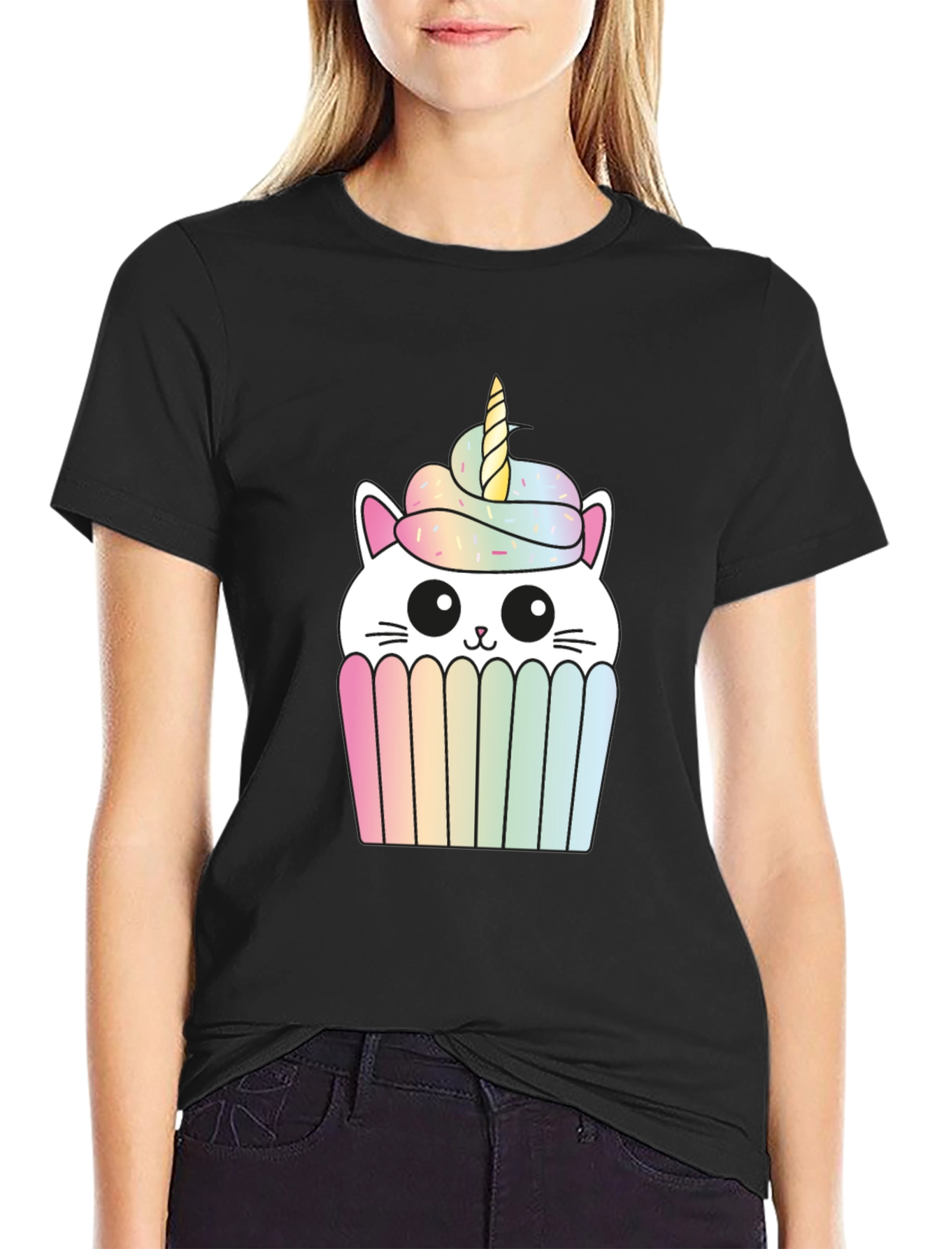 Unicorn Cat Cupcake Graphic Tee - Black Cotton T-Shirt