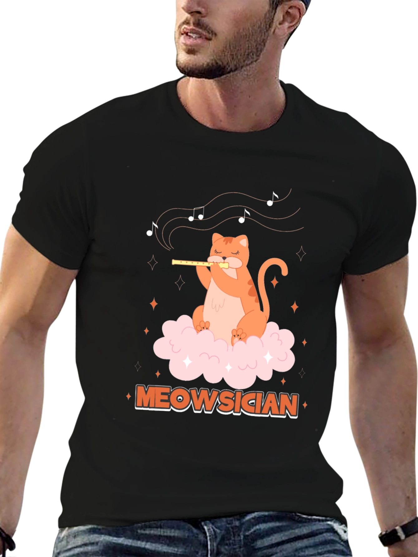 Meowsician Cat Flute Player Graphic T-Shirt