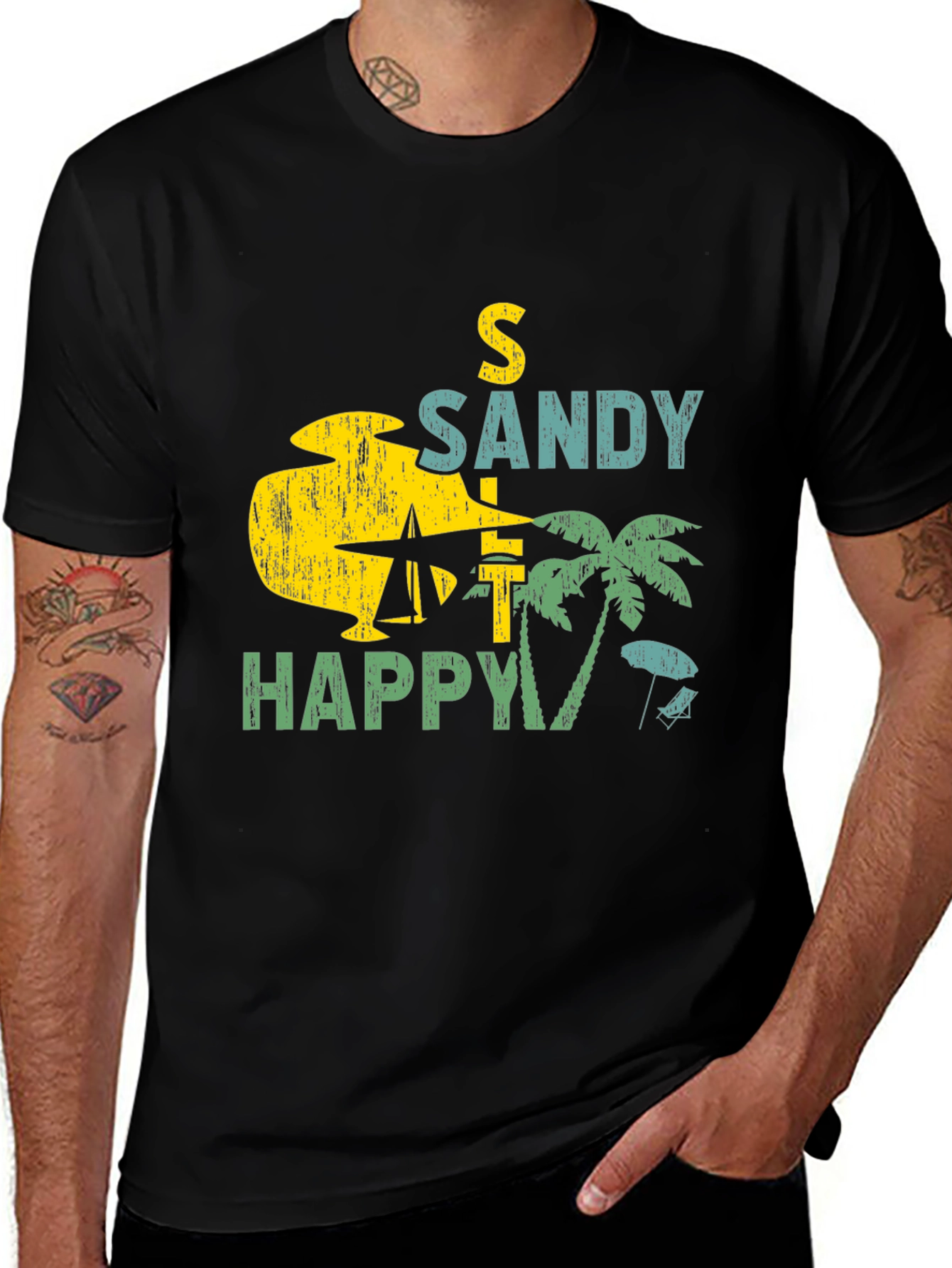 Sandy Happy Beach Graphic Tee - Mens Black T-Shirt