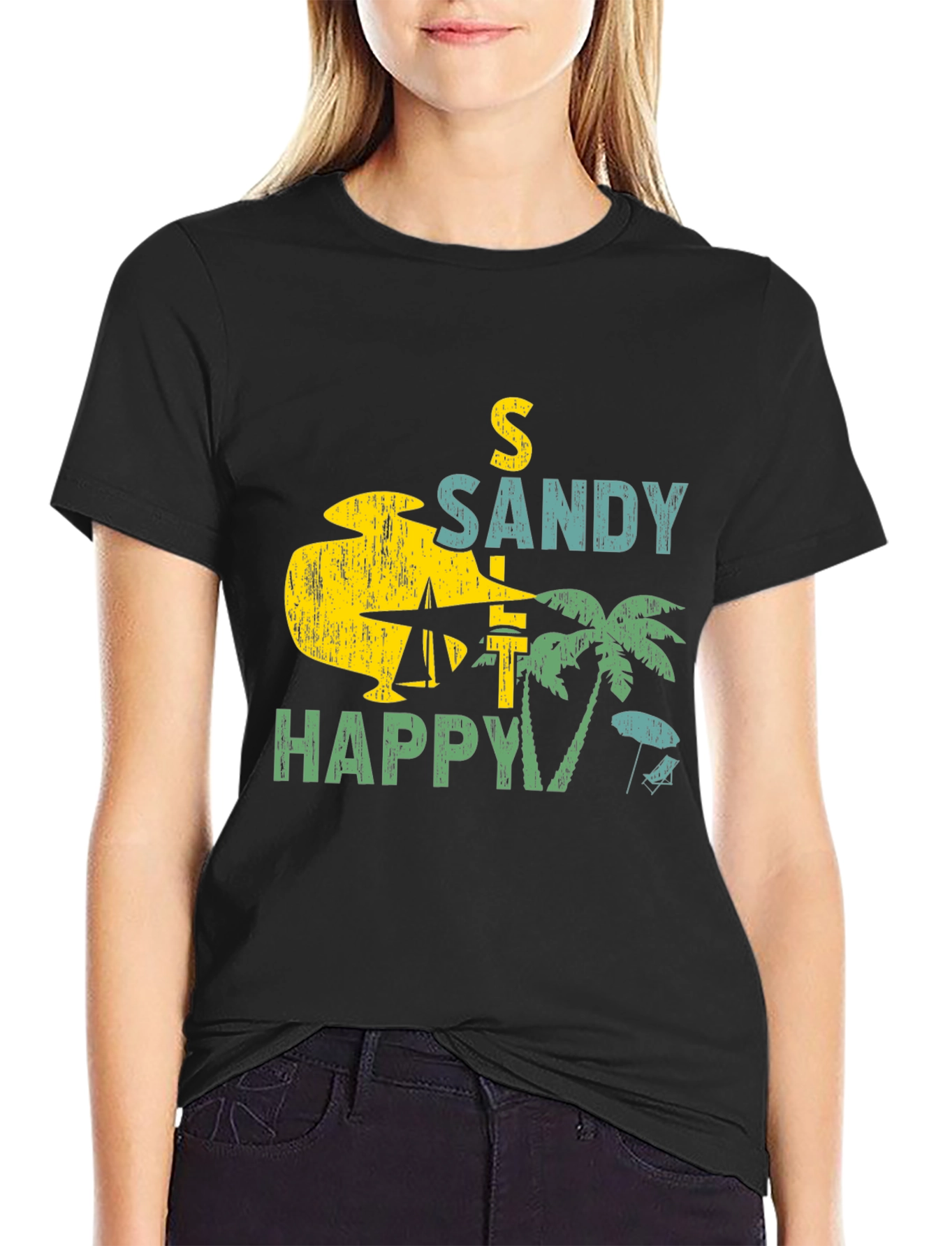 Sandy Happy Beach Graphic Tee - Mens Black T-Shirt