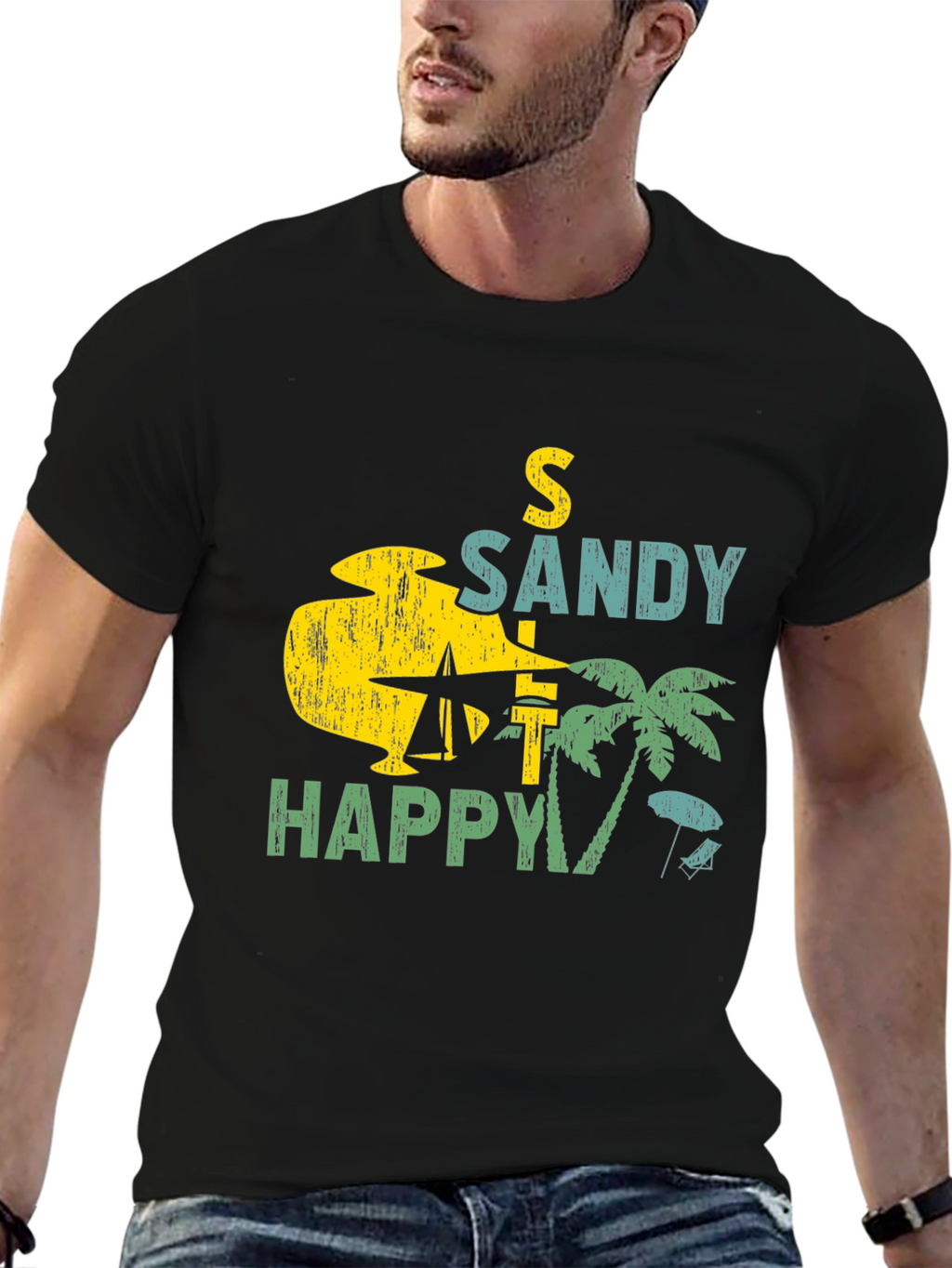 Sandy Happy Beach Graphic Tee - Mens Black T-Shirt