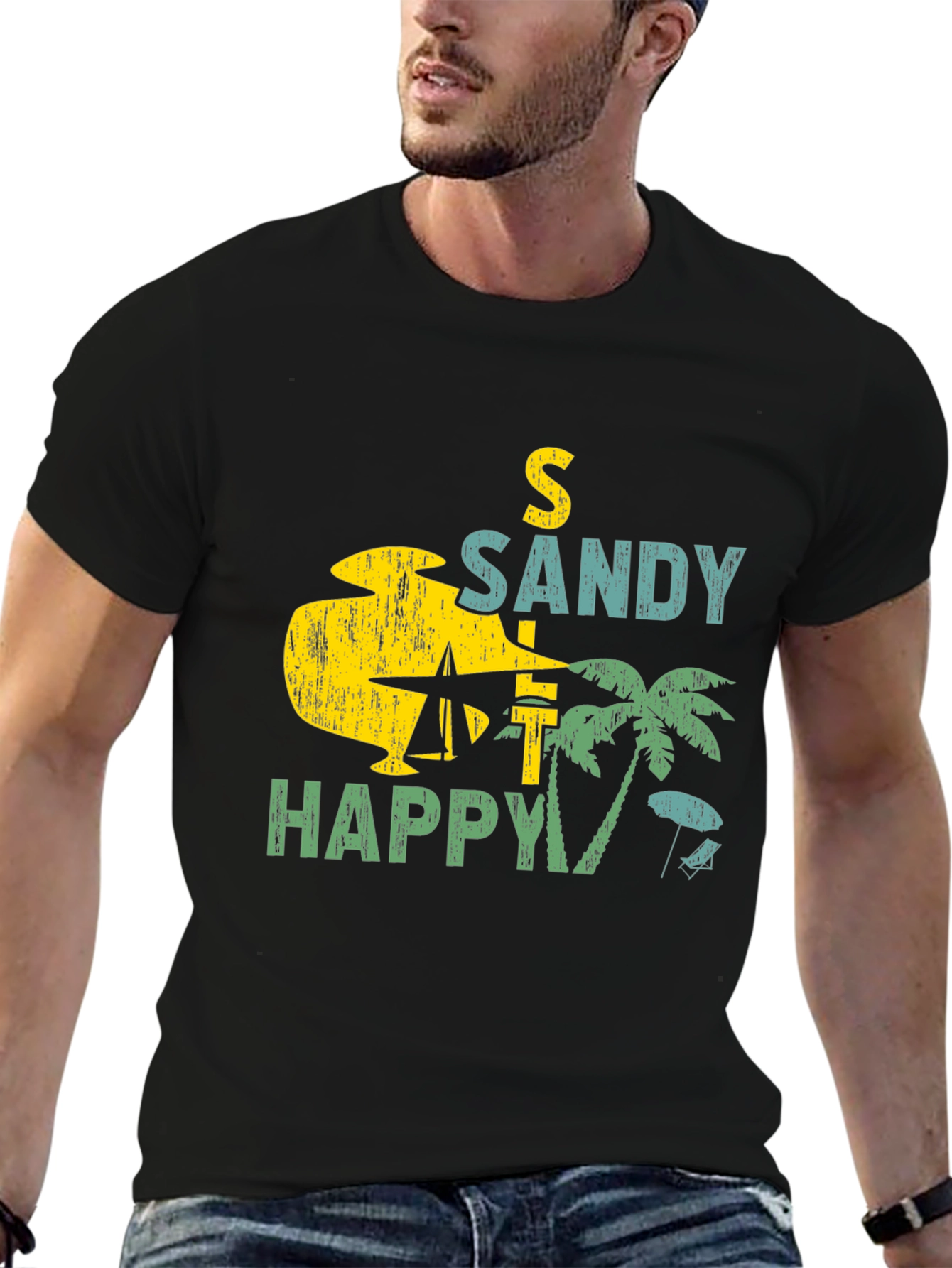Sandy Happy Beach Graphic Tee - Mens Black T-Shirt